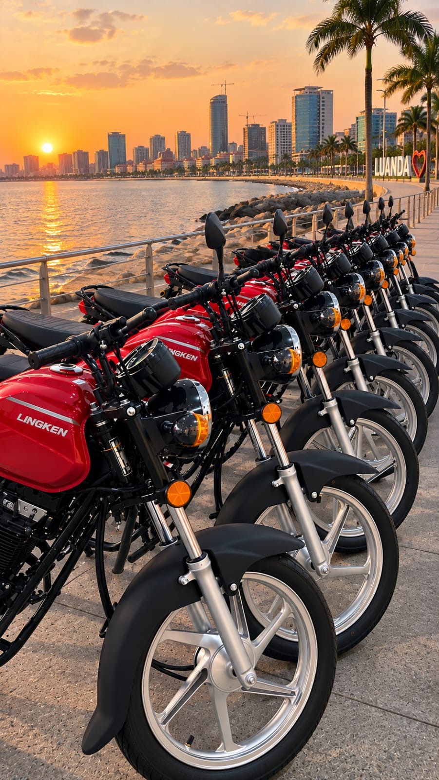 Motorizadas vermelhas da frota Raya ao pôr do sol em Luanda